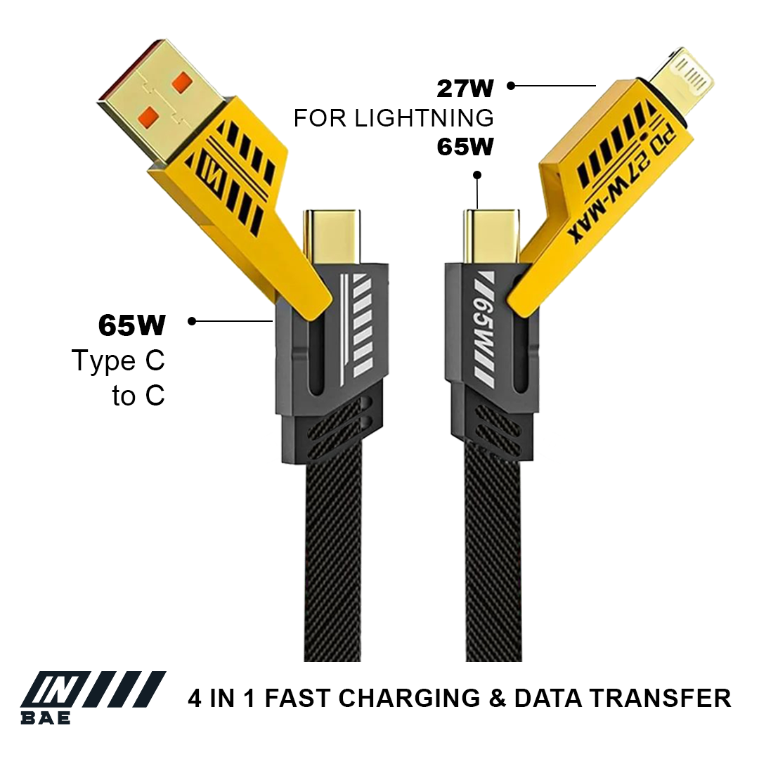 65W 4-in-1 Charging Cable – Fast Charge | Type-C, Lightning, Thunderbolt | Sleek & Durable