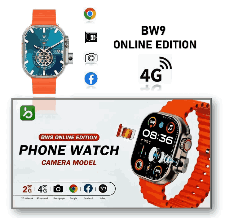 BW9 Ultra Smartwatch with 4G SIM Support, HD Display, Bluetooth Calling, Selfie Camera – Black Strap